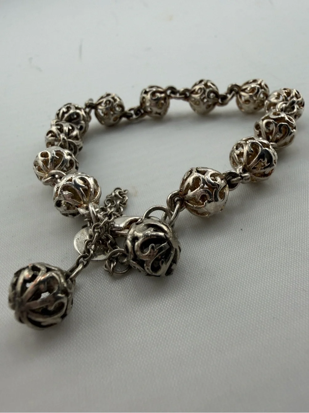 Vintage 925 Sterling Silver Filigree Bead Adjustable Bracelet Tassel Dangle